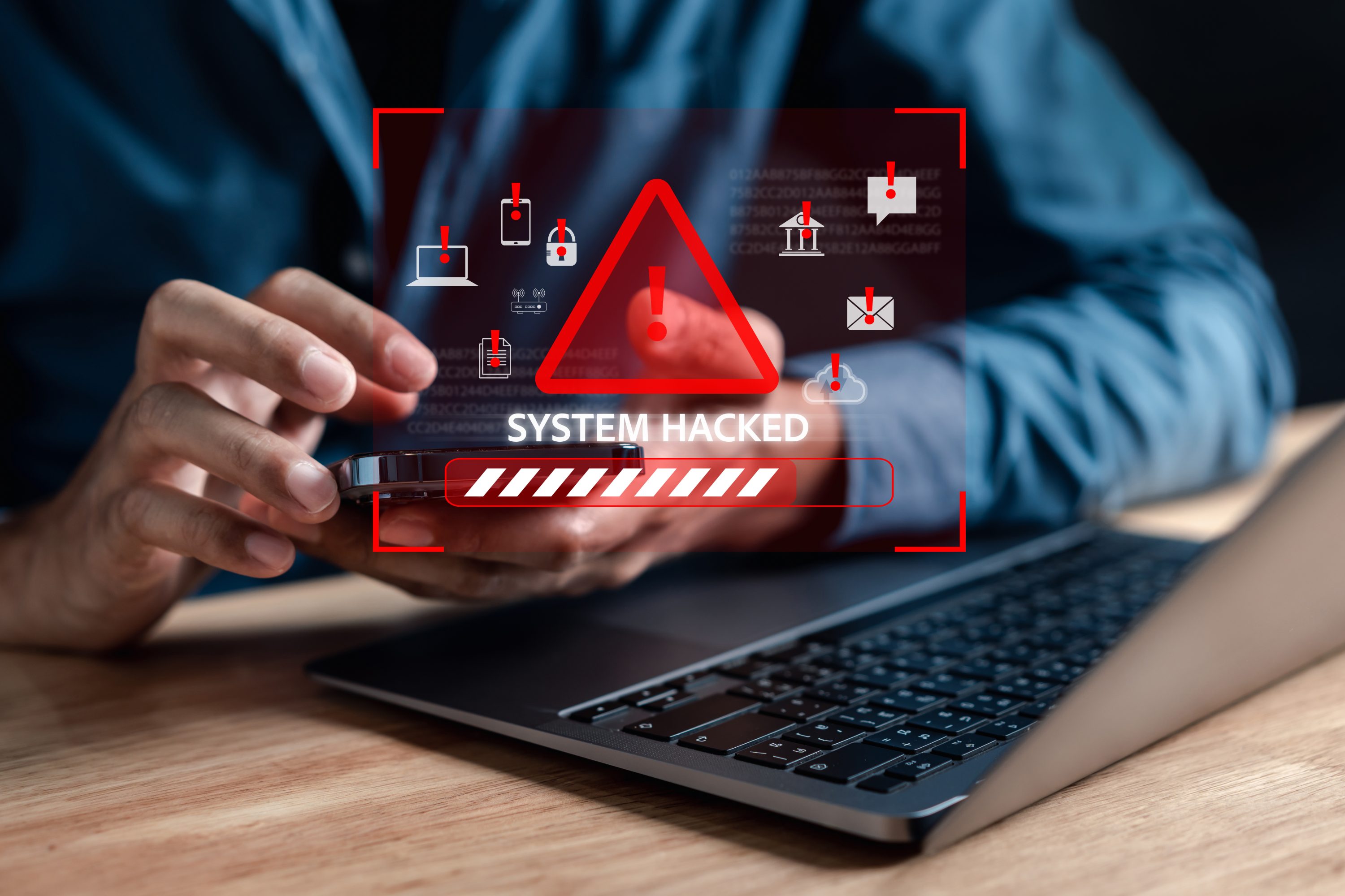 Alert System gehackt Popup auf dem Bildschirm, Spam-Virus mit Warnung Vorsicht für die Benachrichtigung über Internet-Sicherheit zu schützen, Code und Cyber-Sicherheit und Phishing-Spyware und kompromittierte Informationen.